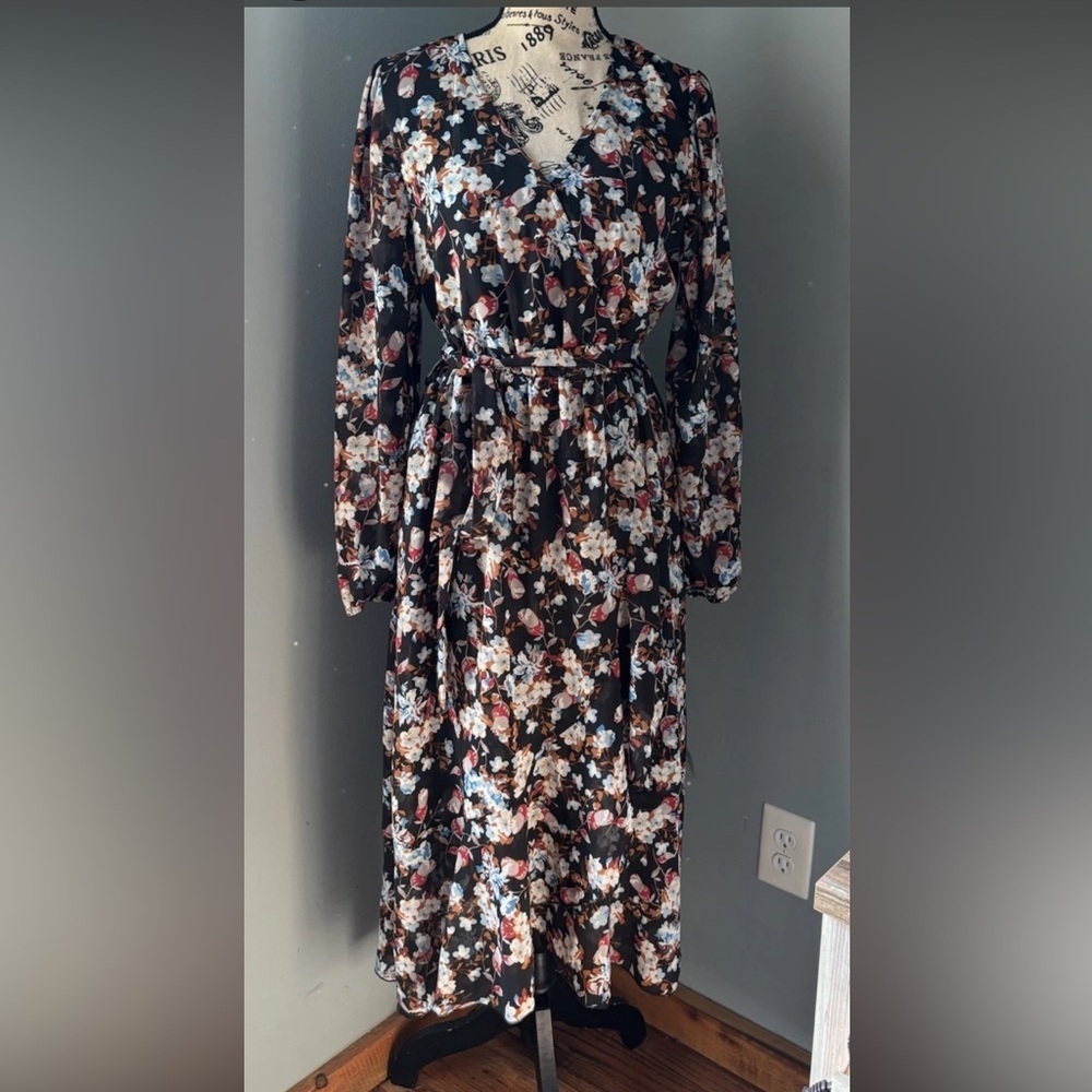 PrettyGarden Floral Midi Dress Long Sleeve Belted Boho Dress Fall Cottagecore